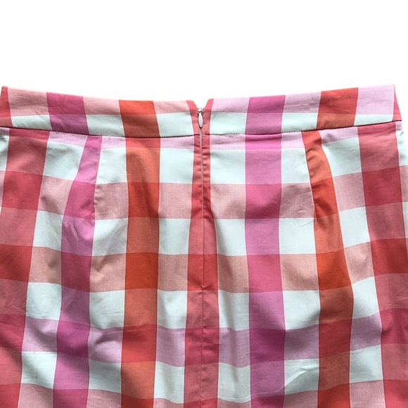 J CREW | RUFFLE HEM PENCIL SKIRT PINK & ORANGE CHECKED COTTON LINED | SIZE: 2 - Picture 6 of 10